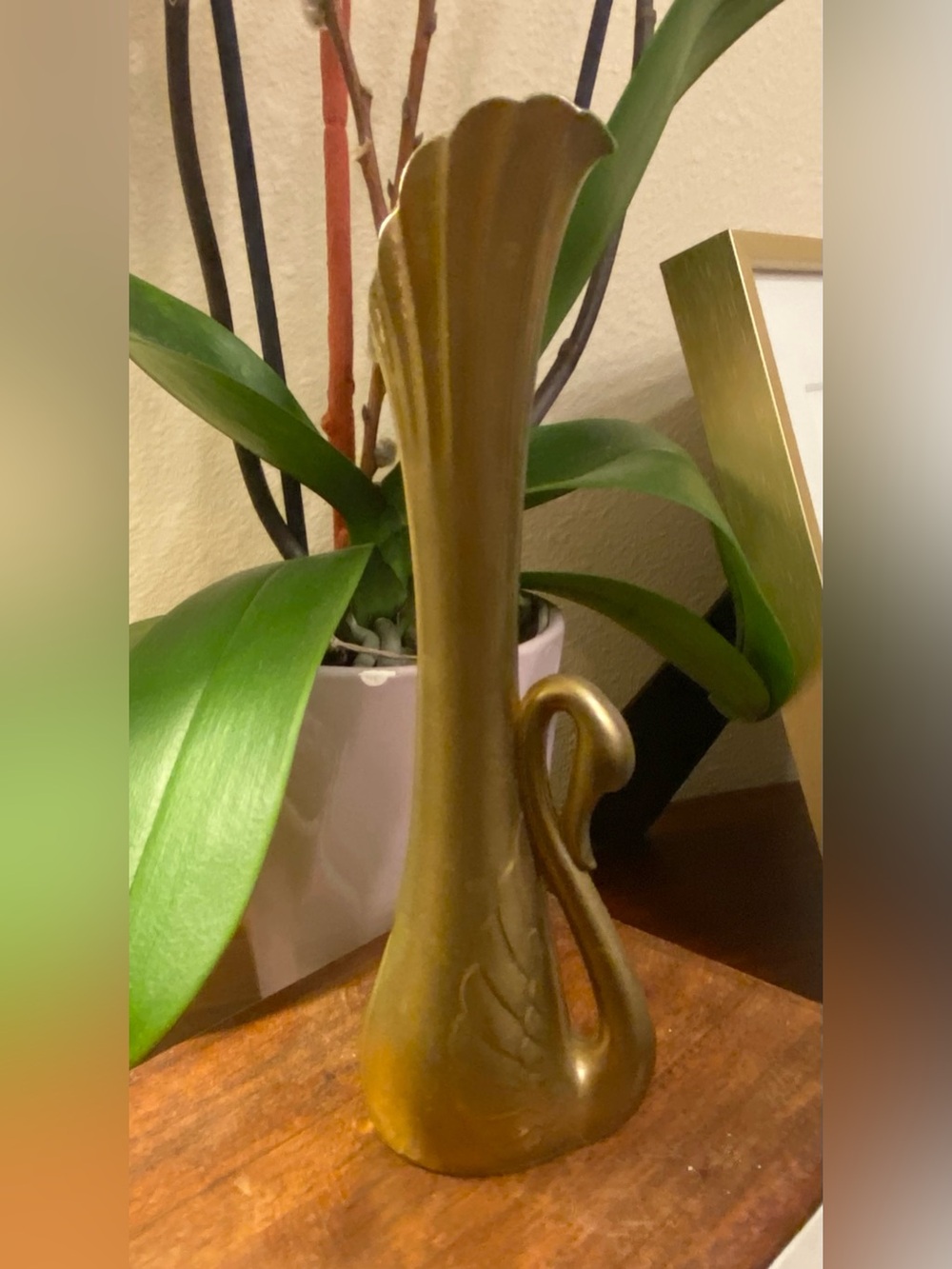 VTG Art Deco Style Swan Bud Flower Base Gold Brass Tone Metal 7”
